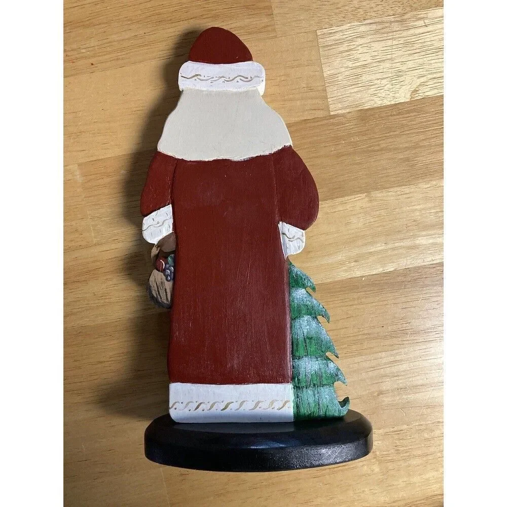 Vtg Handpainted Wooden Santas w Xmas Trees 10.25in Tall 5.5in Base Holiday Decor